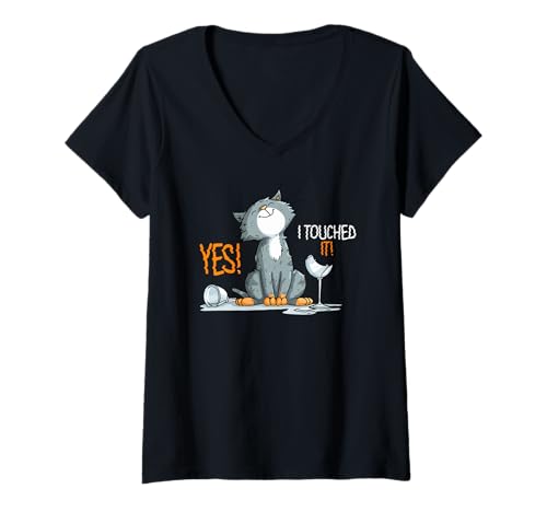 Damen Yes I Touched it T-Shirt mit V-Ausschnitt Damen Yes I Touched it T-Shirt mit V-Ausschnitt von Touched Cats Kitten Feline Whiskers Purr Claws