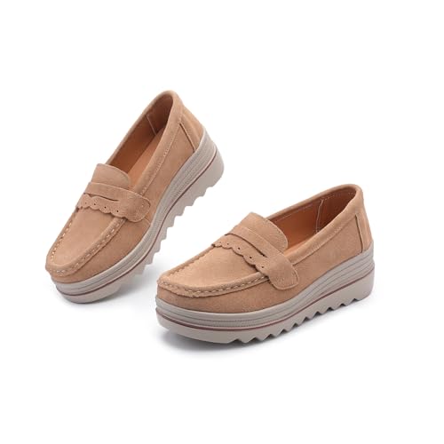 Touchmosees Damen Wildleder Plateau Loafer Slip-On Wedge Mokassin mit bequemer rutschfester Rockersohle, Beige, 35.5 EU Touchmosees Damen Wildleder Plateau Loafer Slip-On Wedge Mokassin mit bequemer rutschfester Rockersohle, Beige, 35.5 EU von Touchmosees