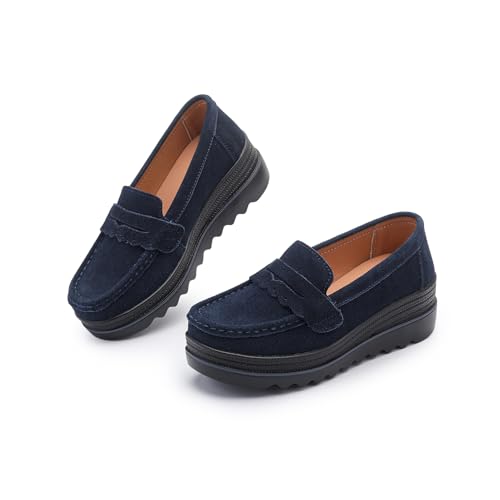 Touchmosees Damen Wildleder Plateau Loafer Slip-On Wedge Mokassin mit bequemer rutschfester Rockersohle, Blau, 37.5 EU von Touchmosees