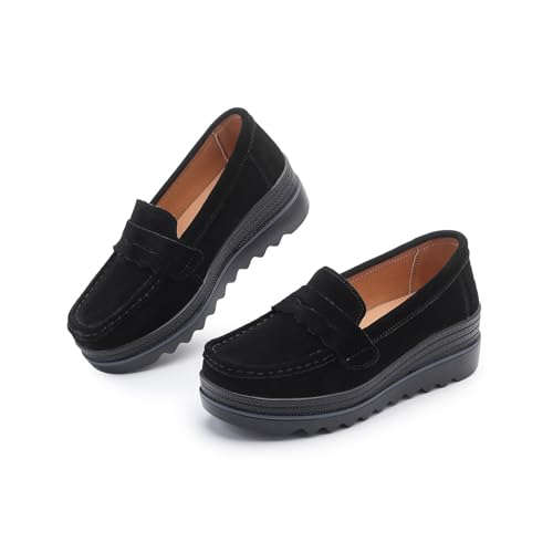 Touchmosees Damen Wildleder Plateau Loafer Slip-On Wedge Mokassin mit bequemer rutschfester Rockersohle, Schwarz, 39 EU von Touchmosees