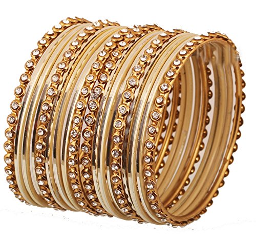 Touchstein „Bunte Armreif-Kollektion“ Indische Bollywood Legierung Metall und strukturierte helle Goldene Designer Schmuck Armreif Armbänder. Set von 18. In einem antiken Goldton für Frauen. von Touchstone