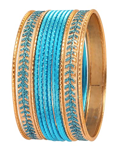 Touchstein „Metallic Bunt 2 Dutzend Armreif Kollektion“ Indische Bollywood strukturiert Türkis Goldene Farbe Schmuck Spezielle Große Größe Armreif Armbänder Set von 12 in antiken Goldton für Frauen von Touchstone