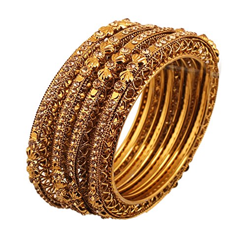 Touchstone „Goldene Armreif-Kollektion“ Indischer Bollywood Ethnischer filigraner gelber Strass Designer Schmuck Metall Armreif Armbänder in antikem Goldton für Frauen. Set von 4. von Touchstone