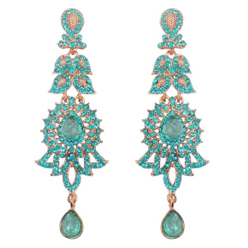 Touchstone „Hollywood Glamour Oscar Collection“ Extra lange Kronleuchter-Ohrringe, indisches Paisley-Motiv, filigrane türkisblaue Strasssteine, Designer-Brautschmuck in antikem Goldton für Frauen. von Touchstone
