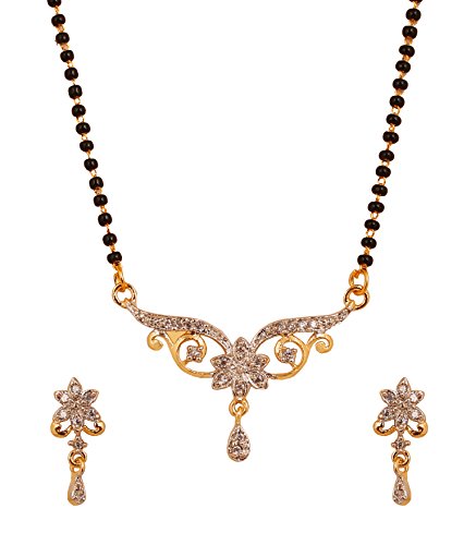 Touchstone Blumenmotiv ethnischen echten Diamanten aussehen symbolische Perlen besetzt Zirkonia Mangalsutra Anhänger Set für Damen Gold von Touchstone