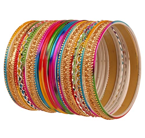 Touchstone "Bunte 2 Dutzend Armreifen Kollektion Indische Bollywood Legierung Metall Texturierte Multicolor Designer Schmuck Armreif Armbänder Set von 24 In antikem Goldton für Frauen von Touchstone