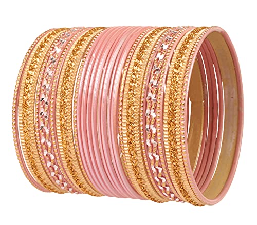 Touchstone „Bunte 2 Dutzend Armreif Kollektion“ Indische Bollywood Legierung Metall Texturierte Baby Rosa Designer Schmuck Armreif Armbänder Set von 24 in antikem Goldton für Frauen von Touchstone