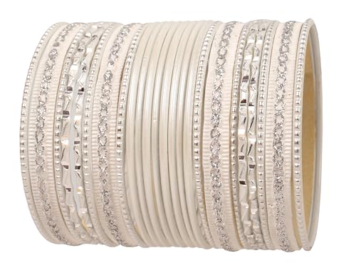 Touchstone „Bunte 2 Dutzend Armreif Kollektion“ Indische Bollywood Legierung Metall Texturierte Vanille Weiße Designer Schmuck Armreif Armbänder Set von 24 in antikem Goldton für Frauen von Touchstone