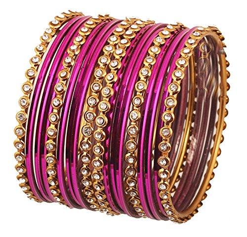 Touchstone Bunte Armband-Kollektion indischen Bollywood-Legierung Metall und texturiert Hot Magenta Wrist Beautifier Designerschmuck Armband-Armbänder. Set von 18 Antique Goldton für Frauen. von Touchstone