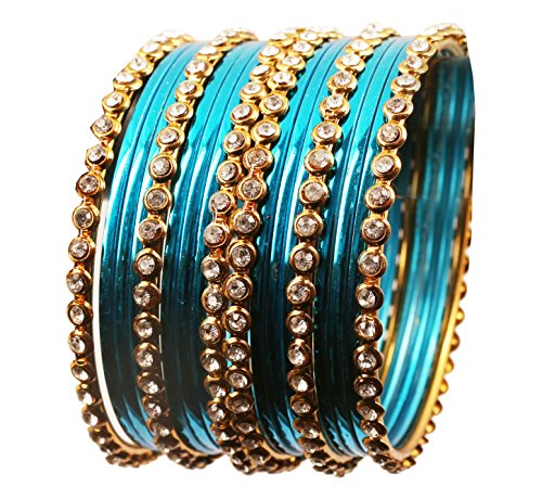 Touchstone Bunte Sammlung indischen Bollywood-Legierung Einzellinie Klare Strass und Strukturierter Aqua-Blau-Farbe Armband-Armbänder Set von 18 im antiken Goldton für Frauen. von Touchstone