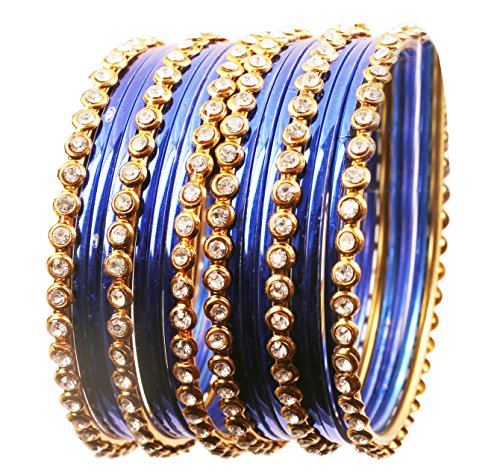 Touchstone Bunte Sammlung indischen Bollywood-Legierung Einzellinie Klare Strass und Strukturierter Royal Blue Farbe Armband-Armbänder Set von 18 im antiken Goldton für Frauen. von Touchstone