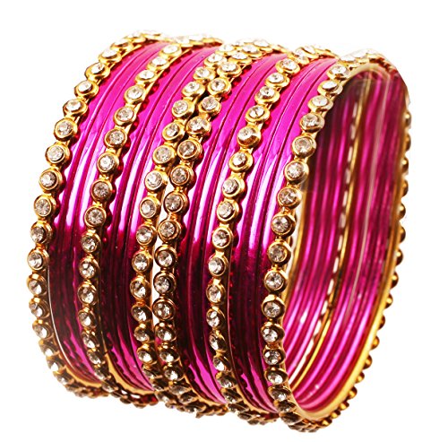 Touchstone "Colorful Collection Indische Bollywood Legierung Single Line Clear Strass und strukturierte Fuchsia Pink Farbe Armreif Armbänder Satz von 18 in Antique Gold Tone für Frauen. von Touchstone