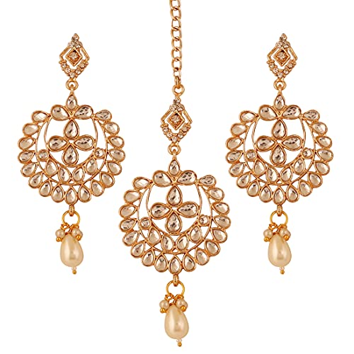 Touchstone Contemporary Kundan Collection Indian Bollywood Mughal Chaandbaali Moon Kundan Look Faux Pearls Hangings Designer Jewelry Earrings Mangtika Combo In Antique Gold Tone For Women. von Touchstone