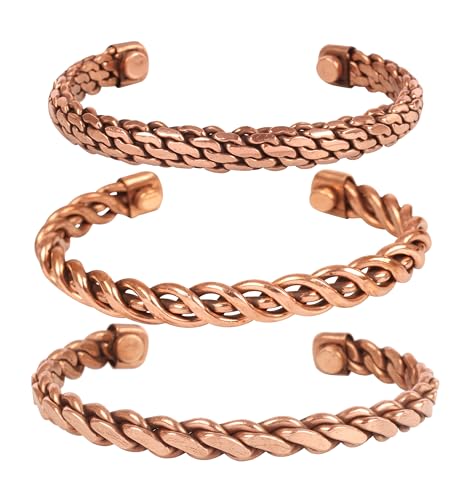 Touchstone Copper Magnetarmband im tibetischen Stil. Handgeschmiedet aus massivem und hochfestem reinem Kupfer. Satz von 3 verschiedenen Designs im Seilgeflecht-Stil. von Touchstone