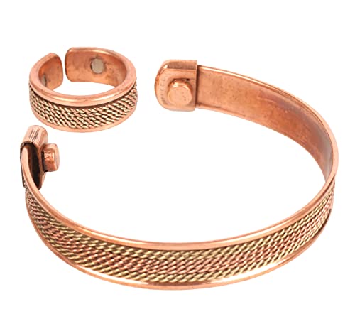 Touchstone Copper Magnetic Handgeschmiedet mit hochdickem Spiraldrahtmuster im tibetischen Stil, minimalistische Eleganz, reines Kupferarmband und identischer Ring in zwei Tönen. von Touchstone