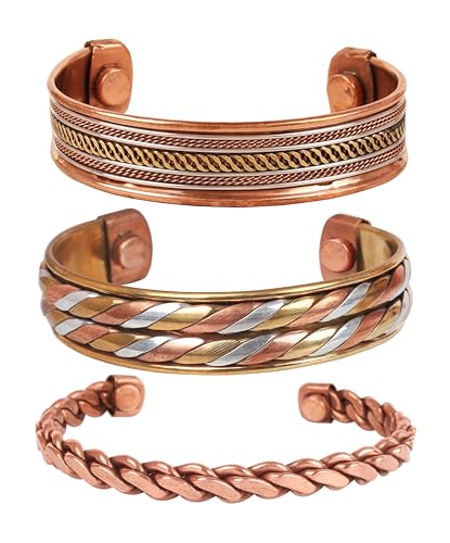 Touchstone Copper magnetische Armband tibetischen Stil. Hand geschmiedet mit soliden und hohe Spurweite reinem Kupfer. Satz von 3 verschiedenen Designs mit 3 Metalltönen. von Touchstone