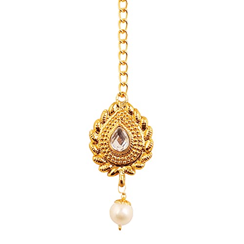 Ethnischer und hübscher Designer-Schmuck von Touchstone, Mangtika, verziert mit Kundan-Polki-Look und Kunstperlen, mit wunderschöner Kette für Damen in Gold von Touchstone