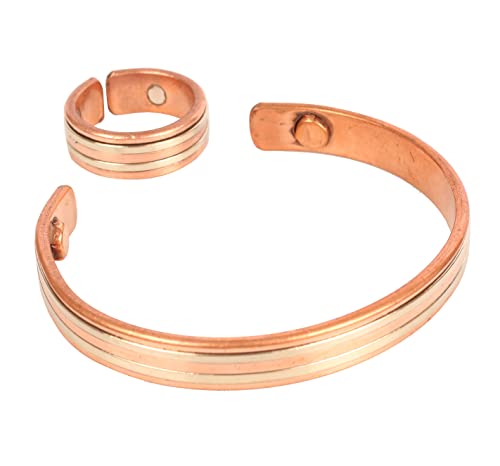 Touchstone Handgefertigter Kupfermagnet, handgeschmiedet mit massivem und dickem Spiraldrahtgeflechtmuster, minimalistische Eleganz, reines Kupferarmband und identischer Ring in zwei Tönen von Touchstone