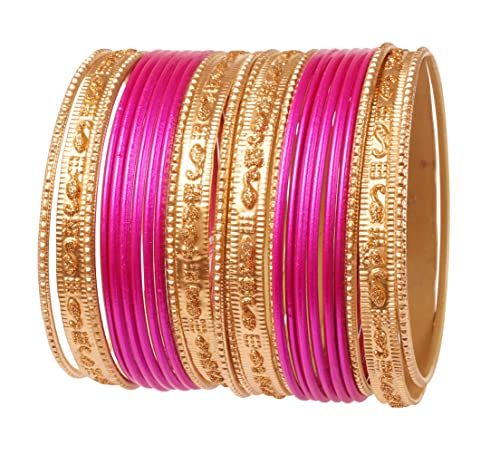 Touchstone Indian Bollywood "Colorful 2 Dozen Bangle Collection" Golden Glitters texturiert Fuchsia Farbe große Größe Designer-Schmuck spezielle Armreifen Armbänder Set von 24 in Gold-Ton für Frauen. von Touchstone