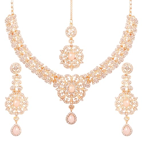 Touchstone Indian Bollywood Desire Enchanting Floral Diamond Studded Look White Rhinestone Pearl Bridal Designer Jewelry Necklace Set In Gold Tone For Women von Touchstone