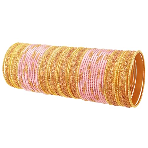 Touchstone Indische Bollywood Glamourous Mode Handgelenk, die schimmernde goldene Glitzer strukturierte rosa Farbdesigner Schmuck Armbänder Armreif Chura. Satz von 48 in Goldton für Frauen. von Touchstone