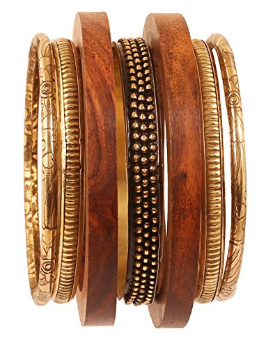 Touchstone Indisches Bollywood handgefertigt hübsch Sortiert Muster Designerschmuck Messing und Holz Armreifen Armbänder für Damen 2.5 Set von 7 Gold von Touchstone