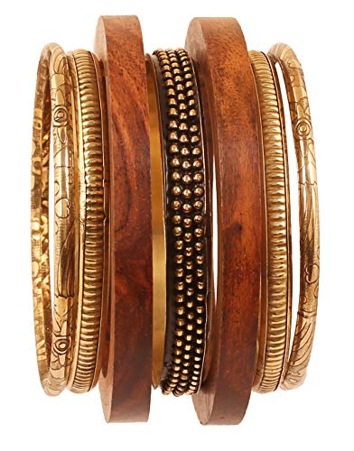 Touchstone Indisches Bollywood handgefertigt hübsch sortiert Muster Designerschmuck Messing und Holz Armreifen Armbänder für Damen 2.5 Set von 7 Gold von Touchstone