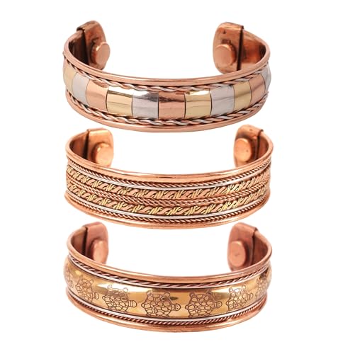 Touchstone Kupfer-Magnetarmband im tibetischen Stil. Handgeschmiedet aus massivem und hochwertigem reinem Kupfer. Set mit 3 verschiedenen Designs in 3 Metallen. von Touchstone