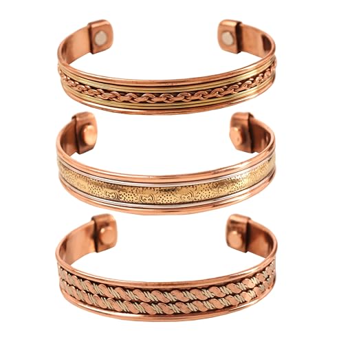 Touchstone Kupfer-Magnetarmband im tibetischen Stil. Handgeschmiedet aus massivem und hochwertigem reinem Kupfer. Set mit 3 verschiedenen Designs in 3 Metallen. von Touchstone