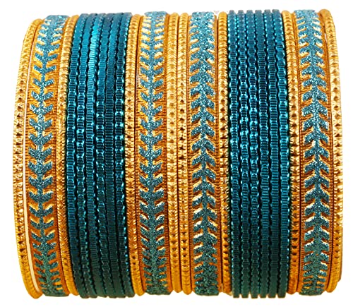 Touchstone „Metallic Colorful 2 Dozen Armreifen-Kollektion“ Indischer Hollywood-Schmuck mit strukturierter Montana-Blau-Farbe, besonders großes Armreifen-Set, 24er-Set in antikem Goldton für Damen von Touchstone