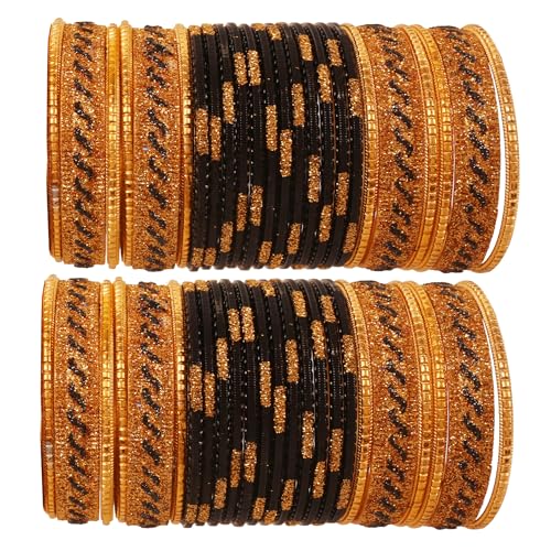 Touchstone NEU Bollywood-Glamour-Mode-Armreif, der das Handgelenk verbessert, goldene Glitzer, strukturierte Schwarze Farbe, Designer-Schmuckarmbänder, Armreif Chura 48er-Set in Goldton für Damen von Touchstone
