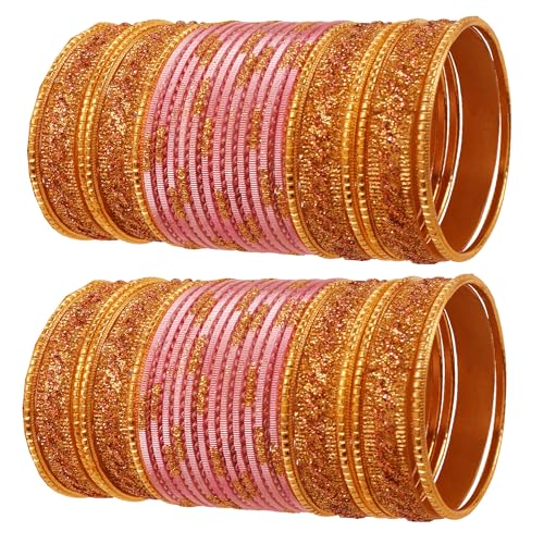 Touchstone NEU Bollywood-Glamour-Mode-Armreif zur Verbesserung des Handgelenks, goldene Glitzer, Pfirsichfarbe, Designer-Schmuckarmbänder, Armreif Chura 48er-Set in Goldton für Damen von Touchstone