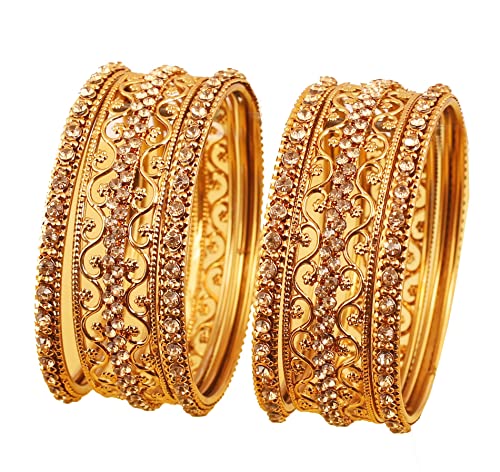 Touchstone New Golden Bangle Collection Indian Bollywood Exotic Filigree and Grain Work Clear Rhinestone Thick Thin Bangle Bracelets In Antique Gold Tone for Women. Set of 6. von Touchstone