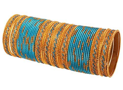 Touchstone New Indian Bollywood Glamorous Fashion Wrist Enhancing Shimmering Golden Glitters Textured Turquoise Blue Color Designer Jewelry Bracelets Bangle Chura. Set of 48 In Gold Tone for Women. von Touchstone