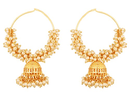 Touchstone Traditionelle indische Bollywood-Ohrringe aus dünnem Draht, elegante und Designer-Bali-Jhumki-Ohrringe mit Bündeln von Kunstperlen für Frauen in Goldton von Touchstone