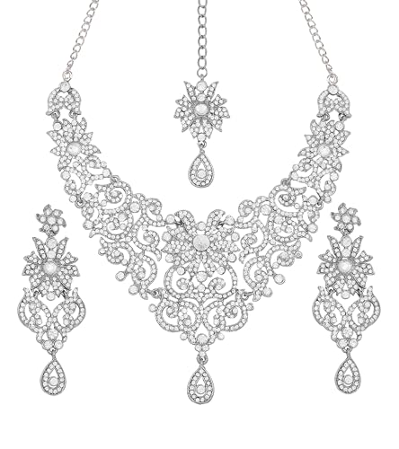 Touchstone Traditioneller königlicher Blick attraktiver mit Filigran geschmückter weißer Rhein-großartiger Brautdesignerschmuck-Halskettensatz für Damen Weiß von Touchstone