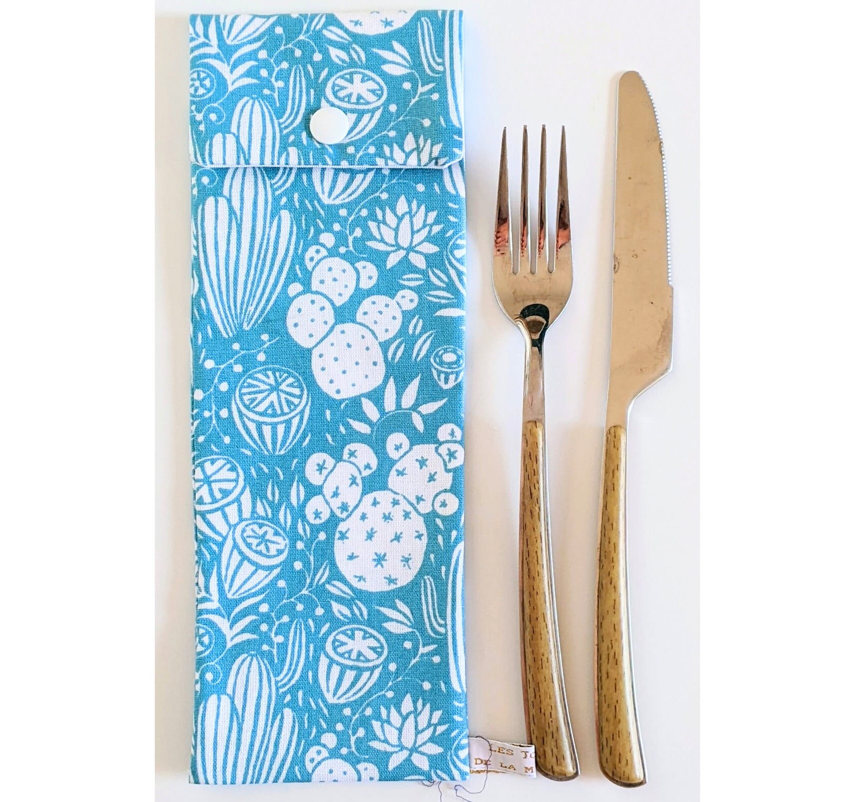 Besteck- Und Essstäbchenhalter - Beschichteter Stoff Mit Blau-Orangefarbenem Kaktusmuster Handgefertigt in Frankreich von ToudouxDeLaMaitresse
