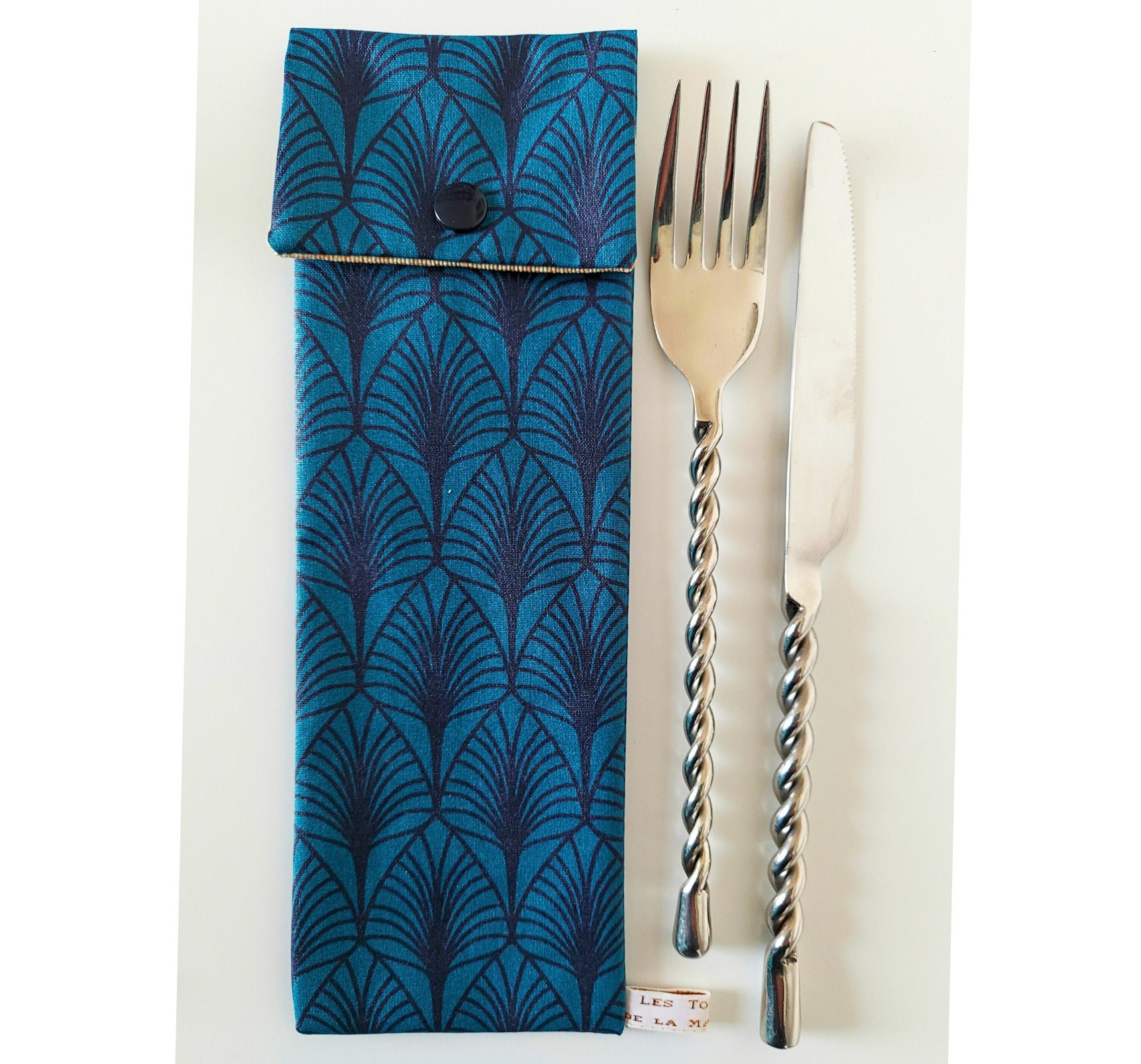 Besteck- Und Essstäbchenhalter - Wasserdichter Art-Deco-stoff Blau/Ocker Handgefertigt in Frankreich von ToudouxDeLaMaitresse