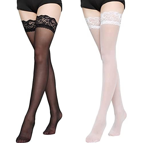 Damen Oberschenkel Hohe Strümpfe Spitzen, 2 Paires Strümpfe mit Spitze für Frauen, Halterlose Strümpfe für damen Spitze Top Strümpfe, Oberschenkel Strumpf Transparent Damenstrümpfe, Schwarz+Weiß von Toulifly