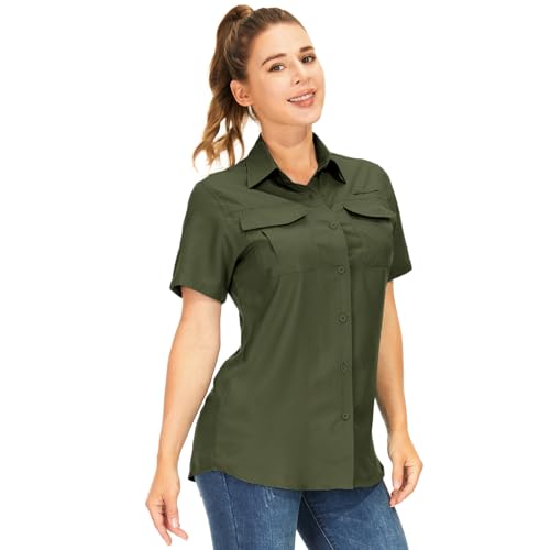 Damen UPF 50+ Kurzarm-Shirts, UV-Sonnenschutz, Safari-Shirt, schnell trocknend, Outdoor-Shirt für Angeln, Wandern, Reisen, 5076 Amy Green, Mittel von Toumett