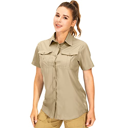 Damen UPF 50+ Kurzarm Shirts UV Sonnenschutz Safari Shirts Schnell Trocknendes Outdoor Shirt für Angeln Wandern Reisen, Khaki, Mittel von Toumett