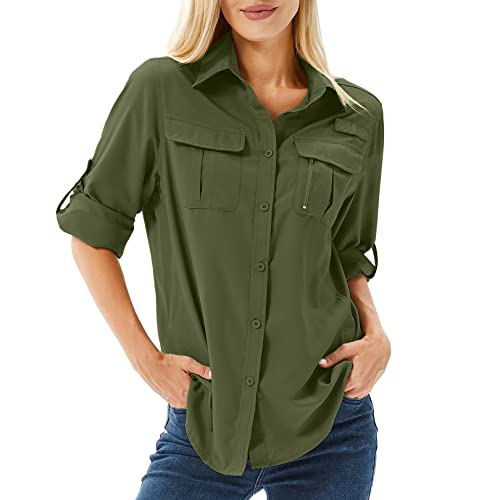 Toumett Damen UPF 50 Langarm UV Sonnenschutz Safari Shirts Outdoor Schnell Trocknen Angeln Wandern Reise Shirts, Army Green, Groß von Toumett