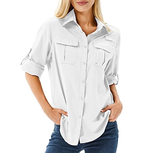 Toumett Damen UPF 50 Langarm UV Sonnenschutz Safari Shirts Outdoor Schnell Trocknen Angeln Wandern Reise Shirts, Weiss/opulenter Garten, Klein von Toumett