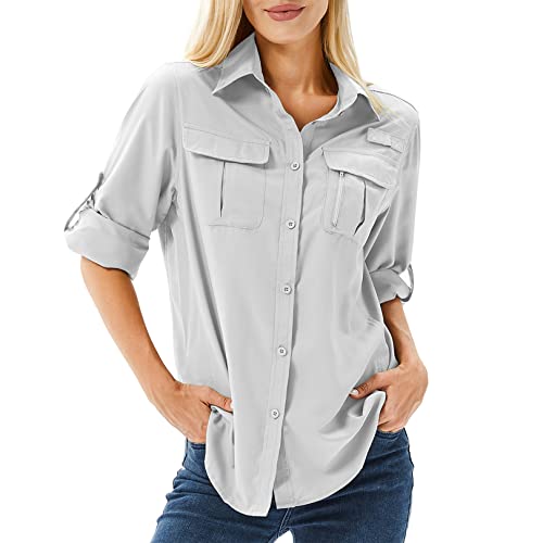 Toumett Damen UPF 50 Langarm UV Sonnenschutz Safari Shirts Outdoor Schnell trocknend Angeln Wandern Reisen Shirts, GRAU, Groß von Toumett