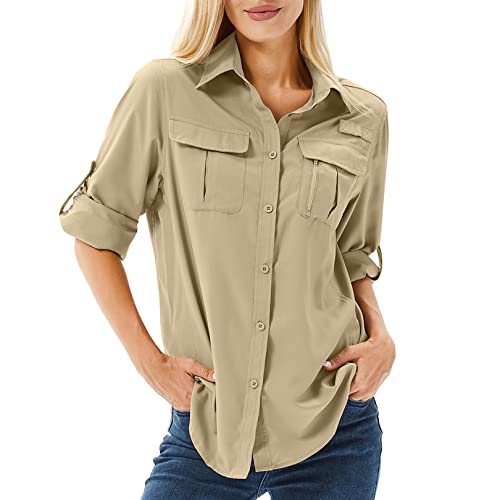 Toumett Damen UPF 50 Langarm UV Sonnenschutz Safari Shirts Outdoor Schnell trocknend Angeln Wandern Reisen Shirts, Khaki, Groß von Toumett