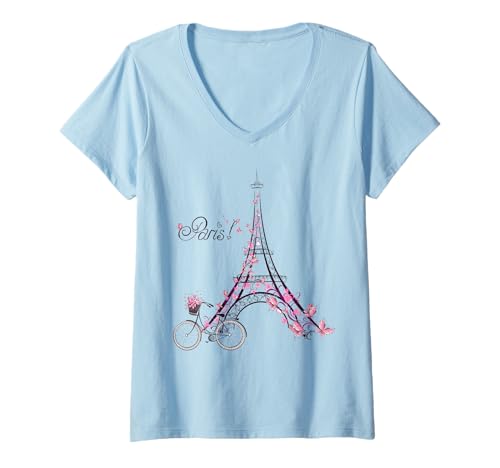 Damen Paris Tour Eiffel Avec Vélo Filles Garçons Voyage Vacances T-Shirt mit V-Ausschnitt Damen Paris Tour Eiffel Avec Vélo Filles Garçons Voyage Vacances T-Shirt mit V-Ausschnitt von Tour Eiffel Paris Souvenir Vacance France Souvenir
