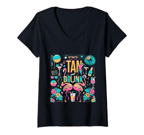 Damen Tan and Drunk Party Clubbing Urlaub Strand ||- T-Shirt mit V-Ausschnitt Damen Tan and Drunk Party Clubbing Urlaub Strand ||- T-Shirt mit V-Ausschnitt von Tourist betrunkener Urlaub