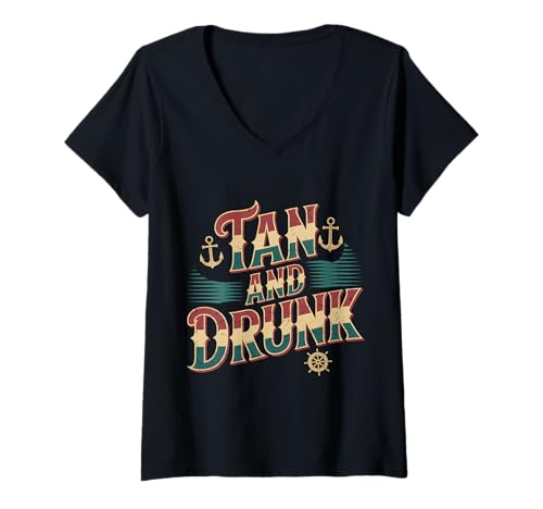 Damen Tan and Drunk Party Clubbing Urlaub Strand - T-Shirt mit V-Ausschnitt von Tourist betrunkener Urlaub
