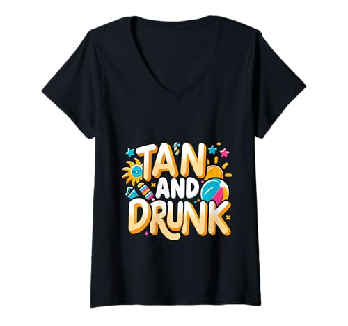 Damen Tan and Drunk Party Clubbing Urlaub Strand ||- T-Shirt mit V-Ausschnitt von Tourist betrunkener Urlaub
