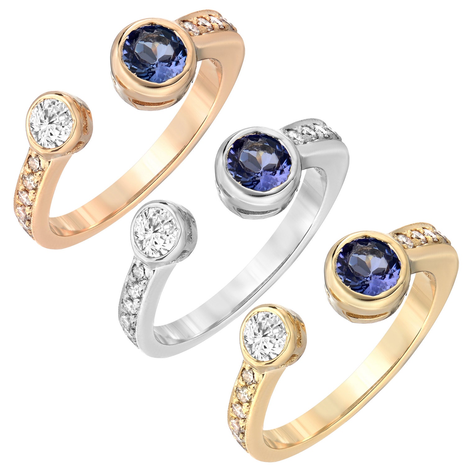 Tousiattar 0, 22 Tcw Natürliche Weiße Diamant Runde Brillante Geschnitten Lünette Einstellung 14K Gold Band Ring, 0, 35 Ct Blaue Tansanit Bänder Ring von TousiAttarJewelers